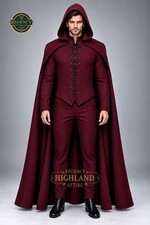 Men  s Maroon Hooded Medieval Cloak Suit  Gothic Renaissance Lace-Up Jacket, Cape
