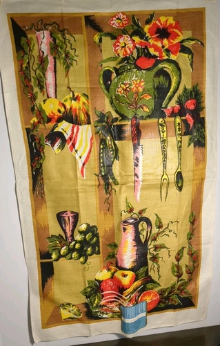 Vtg. Pure Linen Dish Towel 27x16 Kitchen Stlllife Multicolor Czechoslovakia NOS