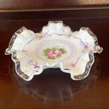 Fenton Silvercrest Charleton Roses Bows Hand Painted Crimped Bon Bon Dish Candy