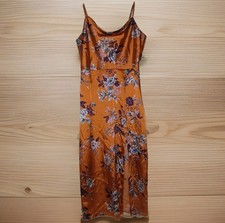 Satin Floral Cowl Neck Side Slit Slip Midi Cami Dress Boho Y2K Glam Cocktail L