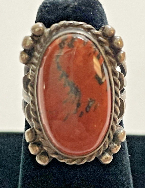 Sterling Silver Native American Design Orange Petrified Wood Stone Size 4.5 Ring