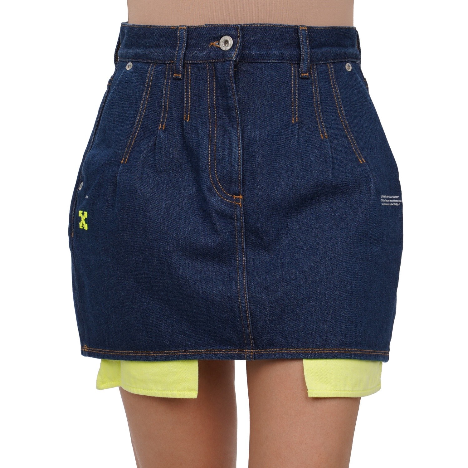 OFF-WHITE Virgil Abloh Logo Mini Jeans Denim Skirt Blue Neon Green 42 S M