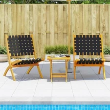 Folding Patio Chairs Set of 2 Black Acacia Wood and Fabric Outdoor Seating