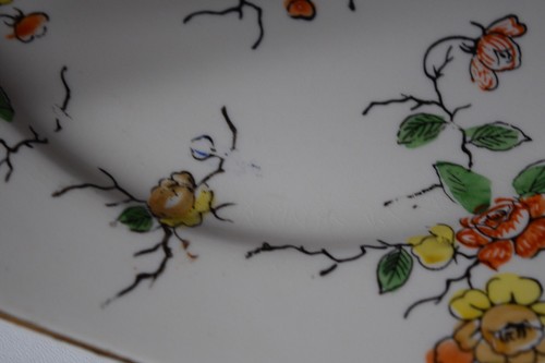 Antico piatto da portata vintage Giappone manico bambù arancio giallo blu fiori - Foto 14 di 14
