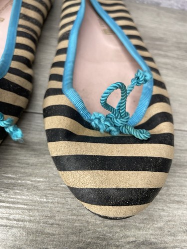 Pretty Ballerinas Fabric Black Stripe Blue Bow Ballet Flats Women’s 37.5EU/7M US - Picture 12 of 22
