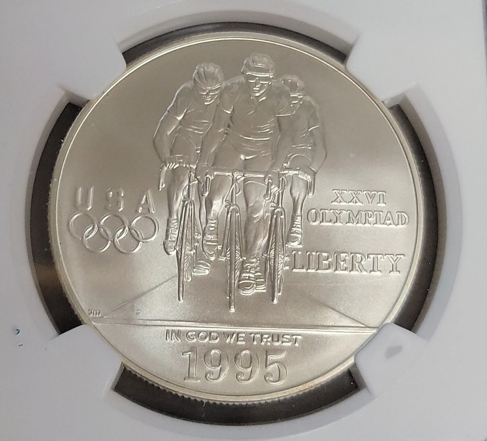 1995 D Atlanta Cent. Olympic Games "Cycling" Comm. Unc Silver Dollar NGC MS70 - Image 3 of 4
