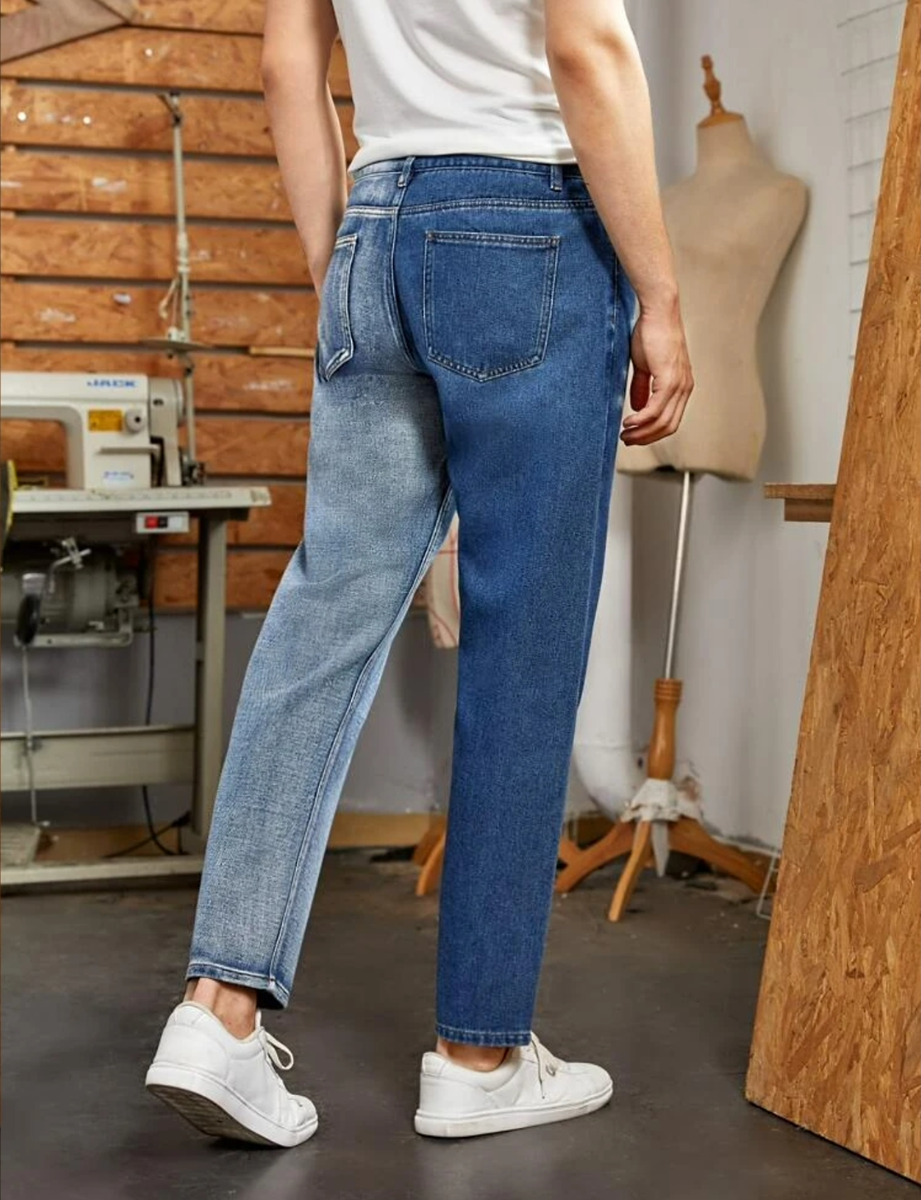 Two Tone Blue Straight Leg Cropped Color Block New Denim Men Two Tone Blue Straight Leg Cropped Color Block New Denim Men