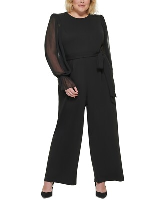 Calvin Klein Black Sheer-Sleeve Wide-Leg Jumpsuit L62505 Womens - Main Image