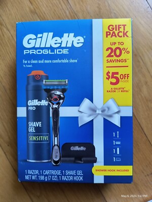 Gillette Gift Set Proglide Razor One 5 Blade Razor 1 Hook 7oz Shave Gel Sealed 