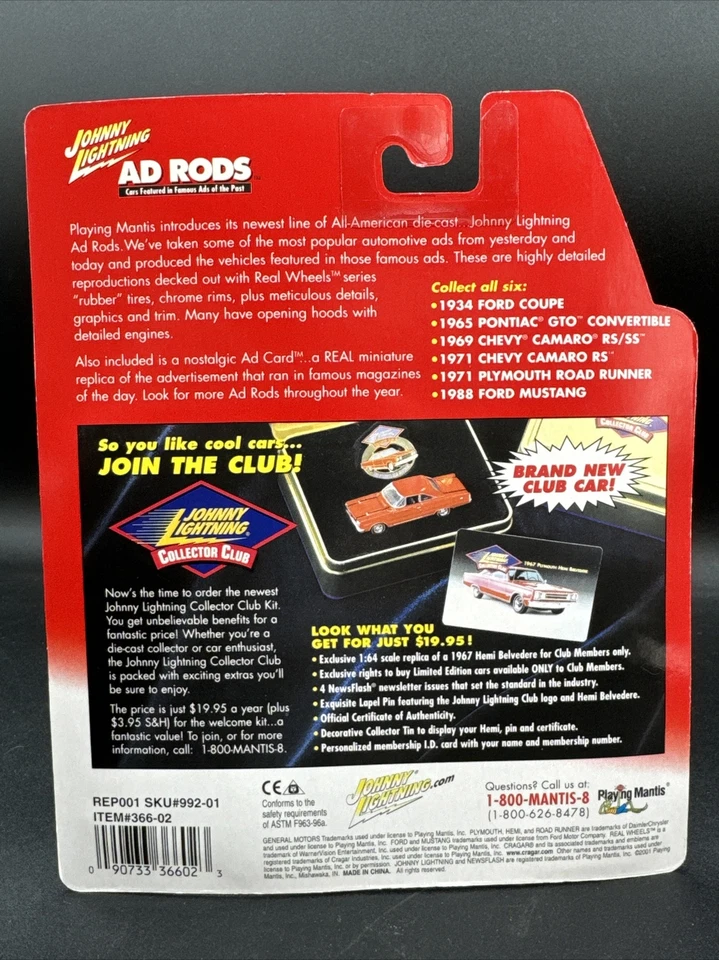 2001 Johnny Lightning YELLOW 1965 PONTIAC GTO Convertible w REDLINES AD RODS - Image 4 of 4