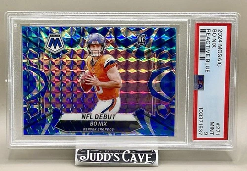 🚨2024 Panini Mosaic Bo Nix NFL Debut Reactive Blue Mosaic Prizm RC #271 PSA 9🏈