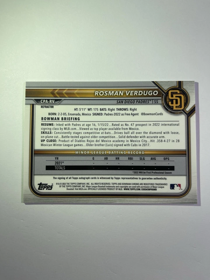 2022 Bowman - Rosman Verdugo Prospect Auto #CPA-RV /499 - Image 2 of 2