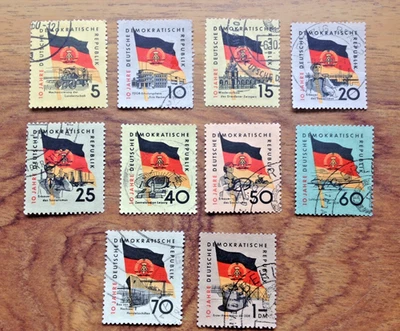 DDR East Germany 1959 ‘10 Years DDR’ Complete Set of 10 Used Stamps. Free UK P&P - Image 1 of 3
