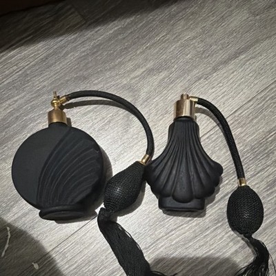Set of 2 Black Glass Perfume Atomizer Bottles with Gold Accents and Tassels