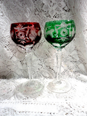 2 NACHTMANN TRAUBE WINE GLASSES 7'' COLOR  ''CUT TO CLEAR'' CRYSTAL BOHEMIAN