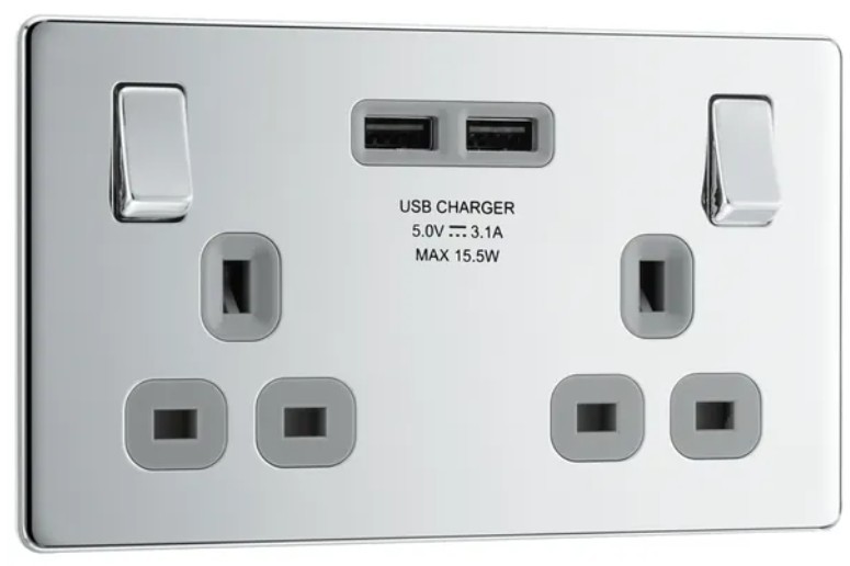 (W4.1) FPC22U3G - BG 13A Switched Double Socket With 2x USB Charger