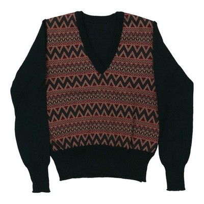Alter 12-13 Markenloser Pullover mit V-Ausschnitt - Wollmischung mit großem Block