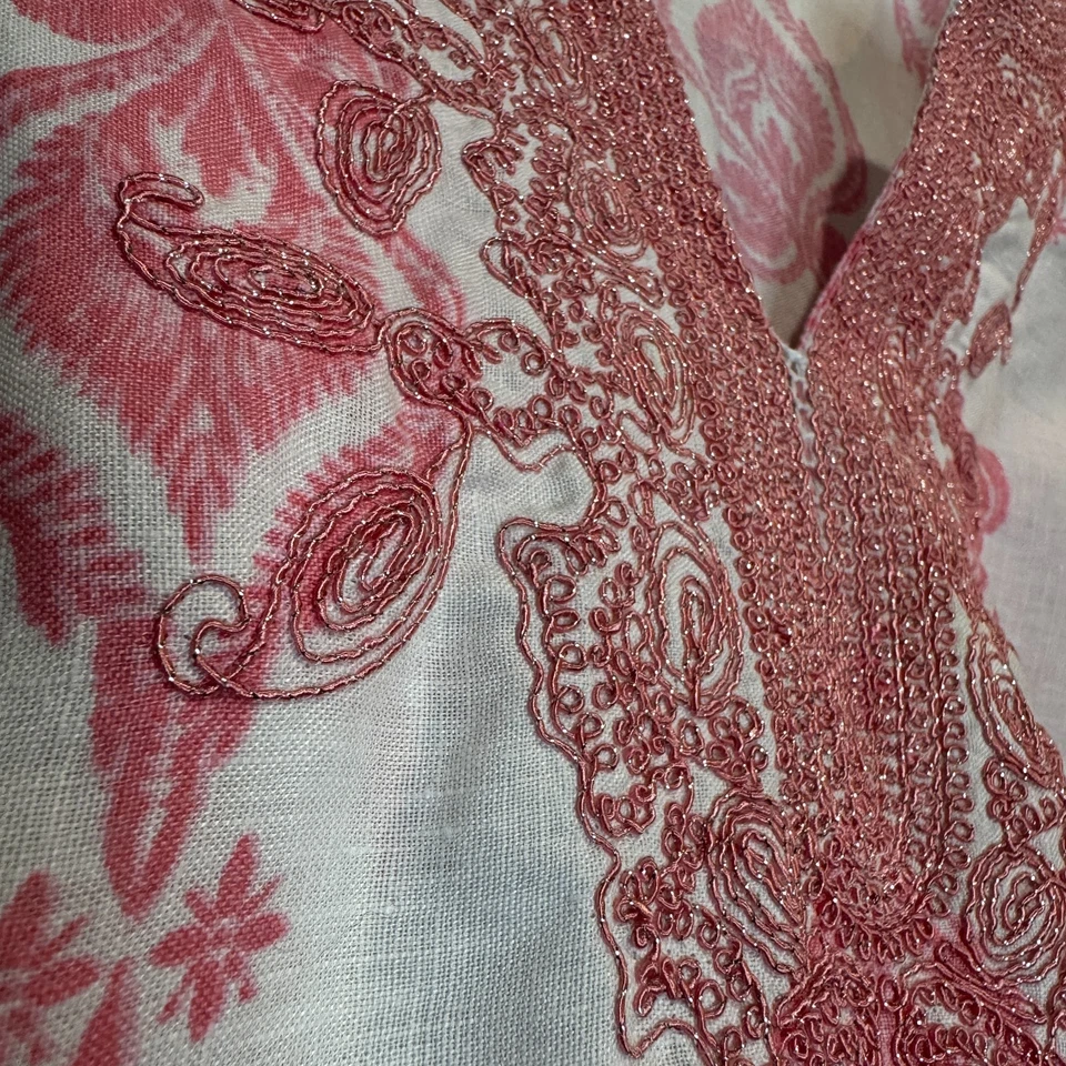 Túnica Charter Club Luxury Mujer Rosa Blanca 100% Lino Bordado Escote Talla M Foto 3 de 4