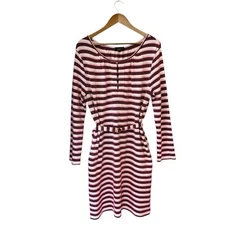  A.P.C. Dress Burgundy & Off White Stripes Self Belt Scoop Neckline Cotton SZ L