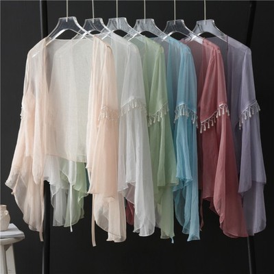 Damen Chiffon Cardigan Bolero Jacke mit Perlen Quasten 3/4 Ärmel Durchsichtig
