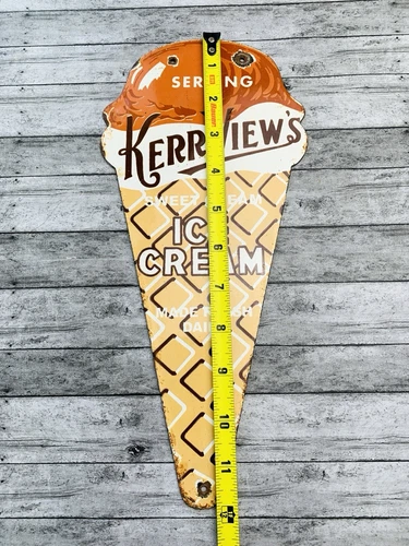 VINTAGE 12x5.5" KERR VIEW'S ICE CREAM PORCELAIN GASOLINE OIL SODA POP GAS SIGN