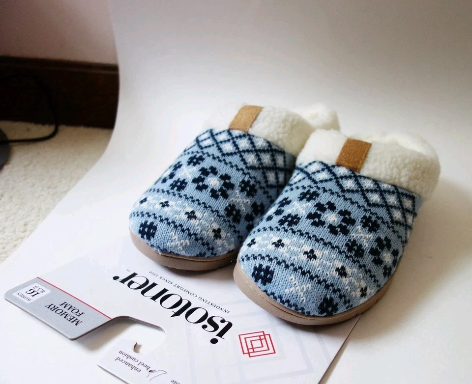 Isotoner женщин памяти пены трикотажа искусственного меха тапочки синий и белый (L-8,5-9) новый - Изображение 2 из 4