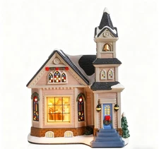 Christmas Village Huose Ceramic Decor, Lighed Christmas Village Church Happin...