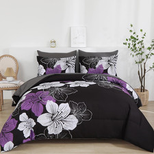 Floral Comforter Set King Size, 7 Pieces Bed in a Bag Purple Floral Comforter an