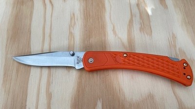 Buck 110USA Plain Blade Folding Pocket Knife Slim Select Orange Handle Lockback,