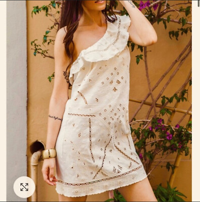 Pho Firenze One Shoulder Shift Mini Dress Small S Cream Knit Embroidered Eyelet