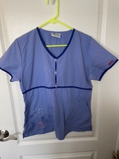 Reina Scrubs Top Blue W/ Flower Medical Uniform Nurse Shirt Size Small