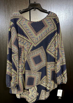 ING+ Women's Blouse 3X Paisley Print Bo-Ho Chic Long Sleeve Elastic Cuffs NWT