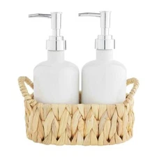 Mud Pie Garden Theme Hyacinth Woven Texture Basket 3Pc Hand Soap Lotion Pump Set