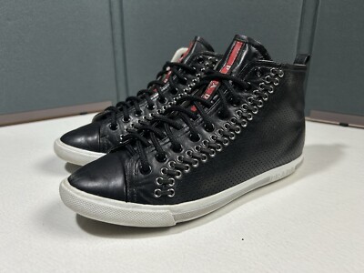 PRADA Womens 36.5 Black Perforated Leather High Top Sneakers Shoes