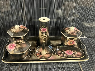 VINTAGE BRIDGWOOD HANDBEMALT WASCHTISCH SET - SCHWARZ & FLORALES DESIGN TABLETT BOXEN ETC.