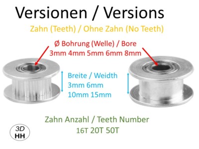 GT2 Umlaufzahnrad Führungsrolle Idler ver. Zahn ver. Ø ver. Breite SOFORTVERSAND