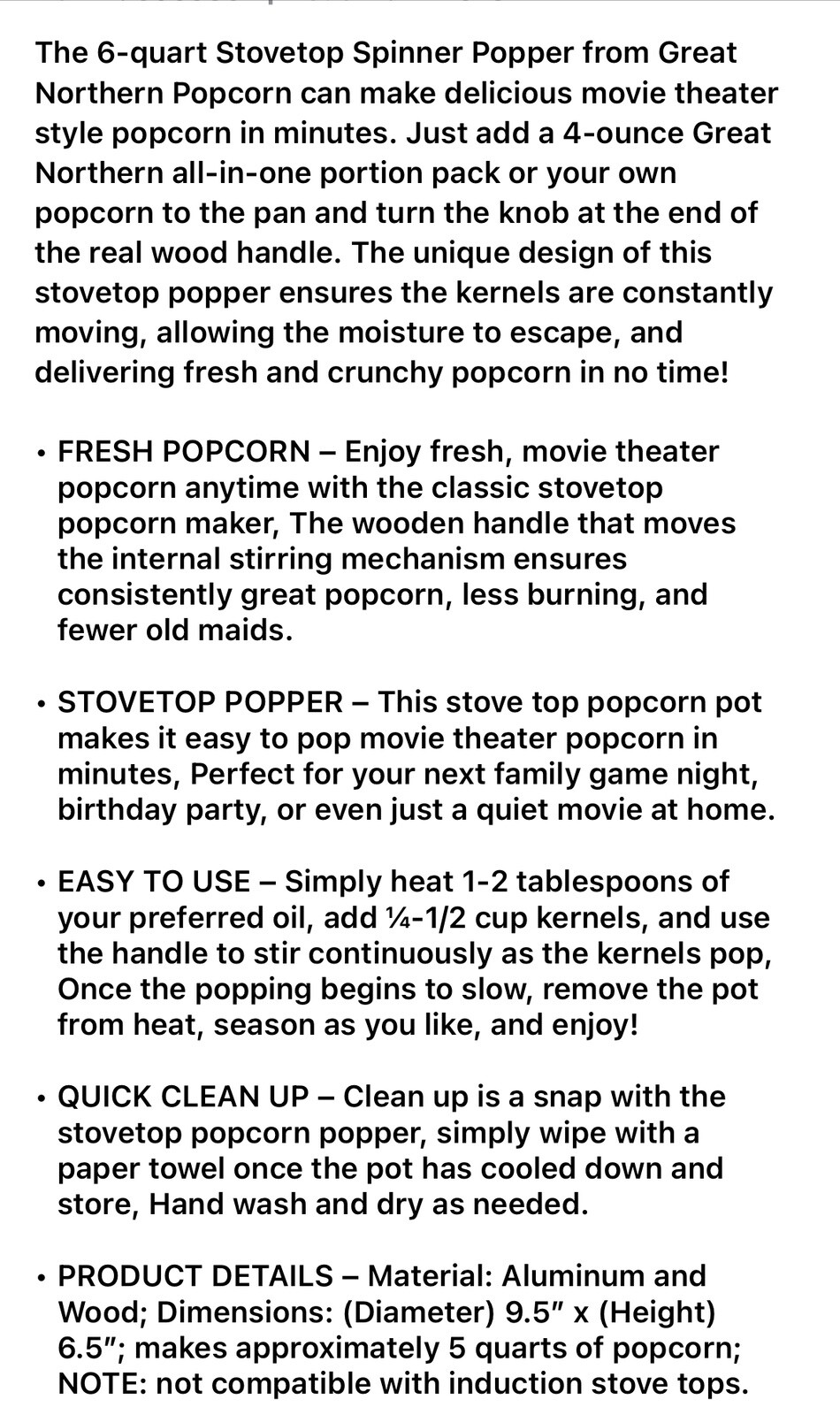 Popcorn Popper Great Northern Popcorn Original Spinner Stovetop 6.5 Qt Theatre