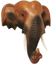 Mask Safari Elephant Decor Head Animal Hand Carved Wood Hang Long Nose Trunk Up 