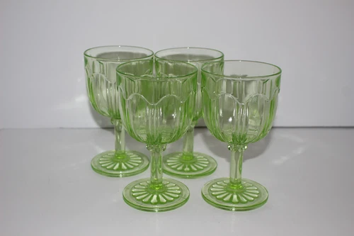 4 HOCKING COLONIAL KNIFE & FORK GREEN VASELINE DEPRESSION GLASS WATER GOBLETS