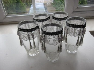 5 anciens petits vase en verre de mariage collection avec tresse gouttelette dentelle et argent - Photo 1/4