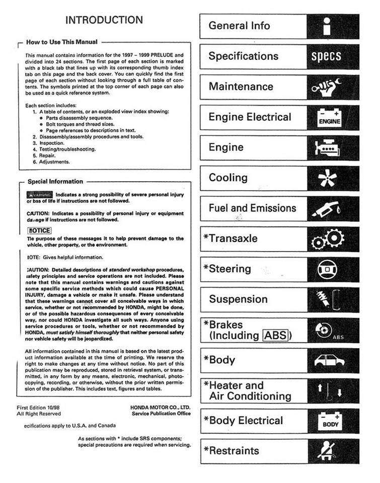 Libro manual de reparación de taller Honda Prelude 1997 1998 1999 guía OEM Foto 2 de 4