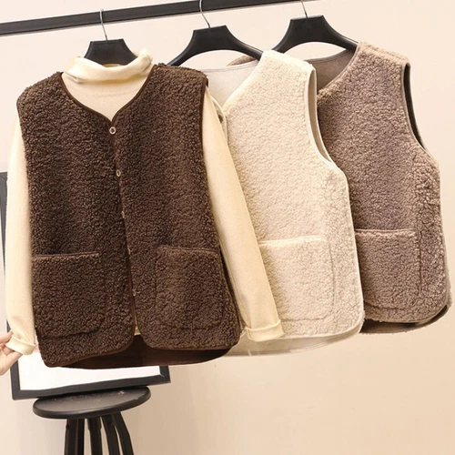 Lady Sleeveless Sherpa Fleece Vest Jacket Soft Cardigan Outwear Gilet Pocket Top - Picture 7 of 23