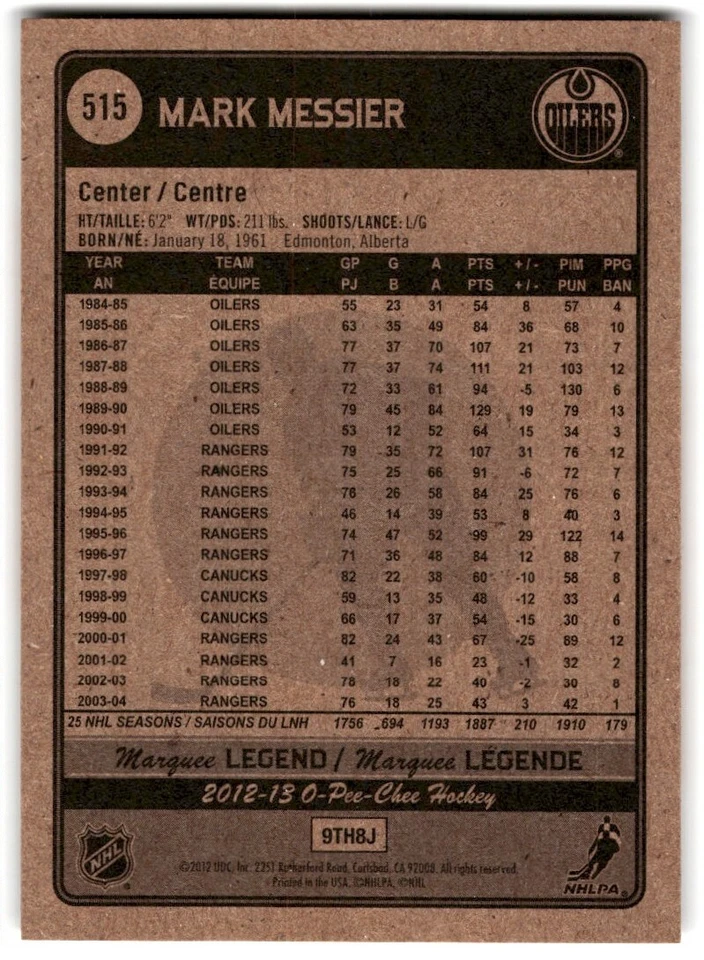 2012-13 O-Pee-Chee Legend Mark Messier #515 Edmonton Oilers - Image 2 of 2