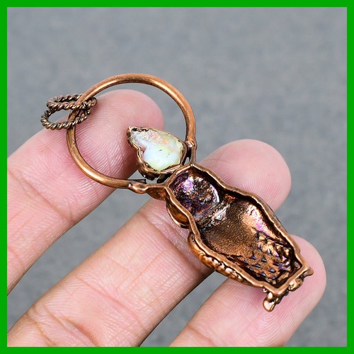 Daughters Day Sale Copper Ethiopian Opal Gemstone Electroformed And Owl Pendant - Picture 5 of 6