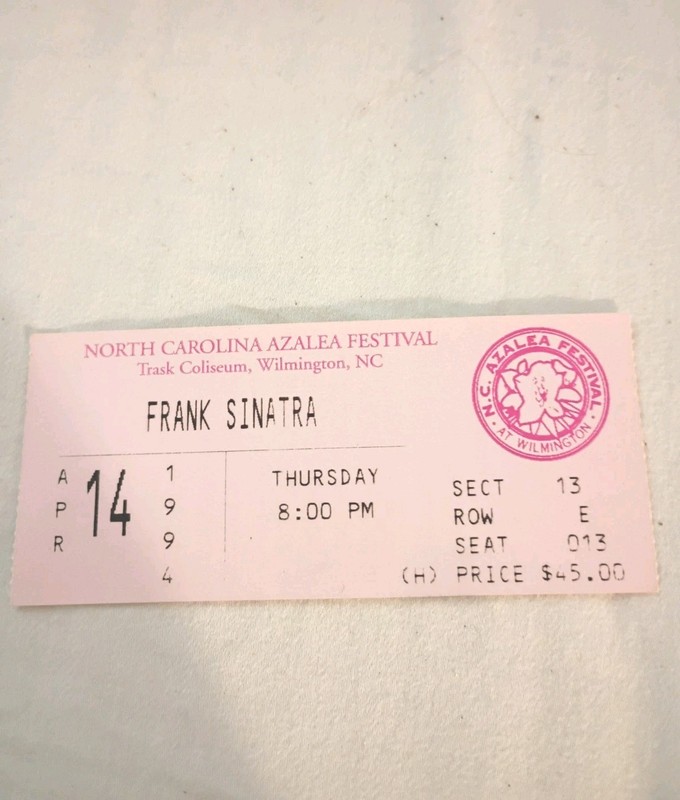 Full Ticket Stub For Frank Sinatra Concert In Wilmington NC On April 14, 1994.