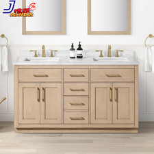60 In. Double Sink Freestanding Sahara Birch Bathroom Vanity w/White Engineered