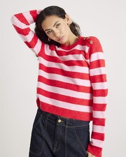 River Island Womens Jumper Red Knitted Stripe Heart Button Crew Neck Outfit