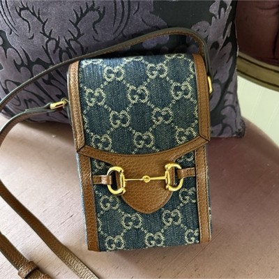 Gucci GG Denim Blue Crossbody Bag Brown Leather Strap Gold Hardware Buckle 