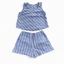 Women  s Blue/White Striped Embroidered Tank Top  Shorts 2-Piece Set One Size