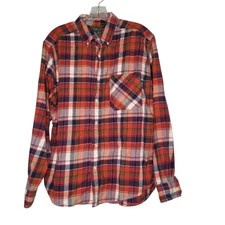 Woolrich Plaid Flannel Shirt Mens Medium Orange Blue Button Down Outdoor